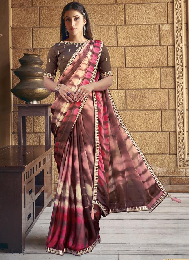 Sattin Silk Brown Festival Wear Printed Saree